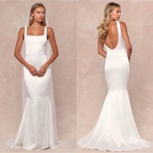 NWT Lulu's Luxe Loveliness White Satin Backless Mermaid Maxi Dress